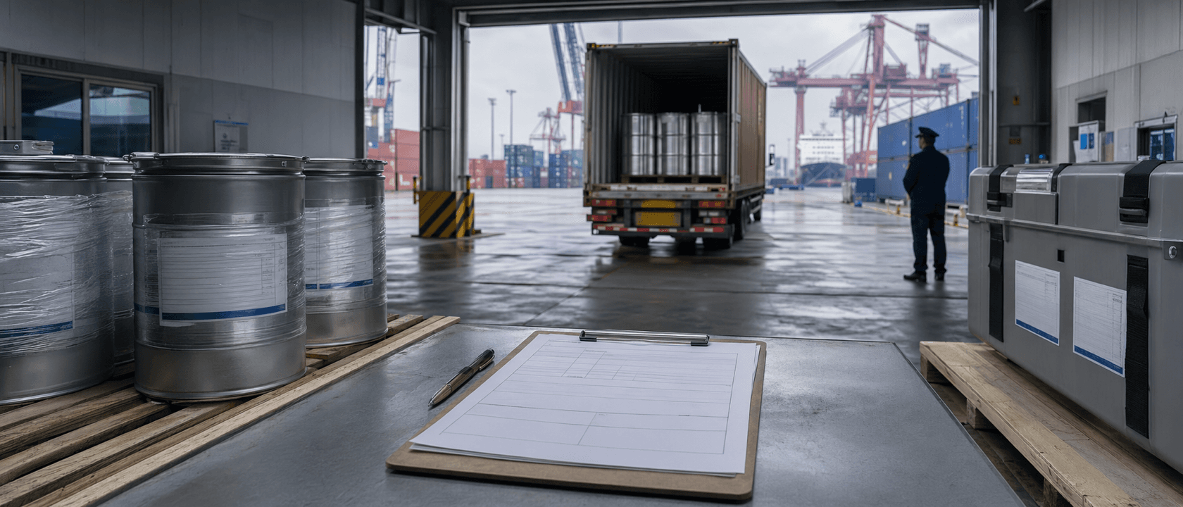 Customs inspection bay at a US port of entry with NdFeB magnet shipments, HTSUS classification paperwork on a clipboard, and gantry cranes overhead.