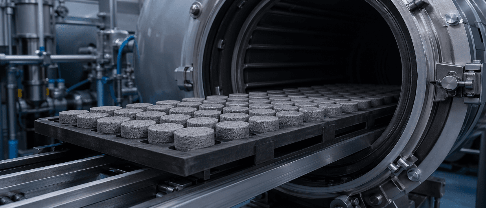 Tray of NdFeB pucks coated with grey terbium powder entering a vacuum grain boundary diffusion furnace.