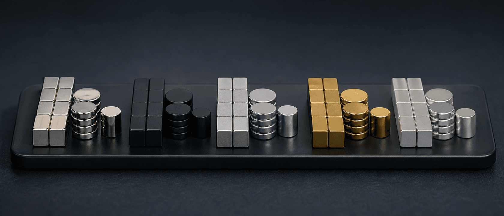 Row of finished NdFeB magnets in nickel, black epoxy, zinc, and gold coating finishes arranged on a black tray.