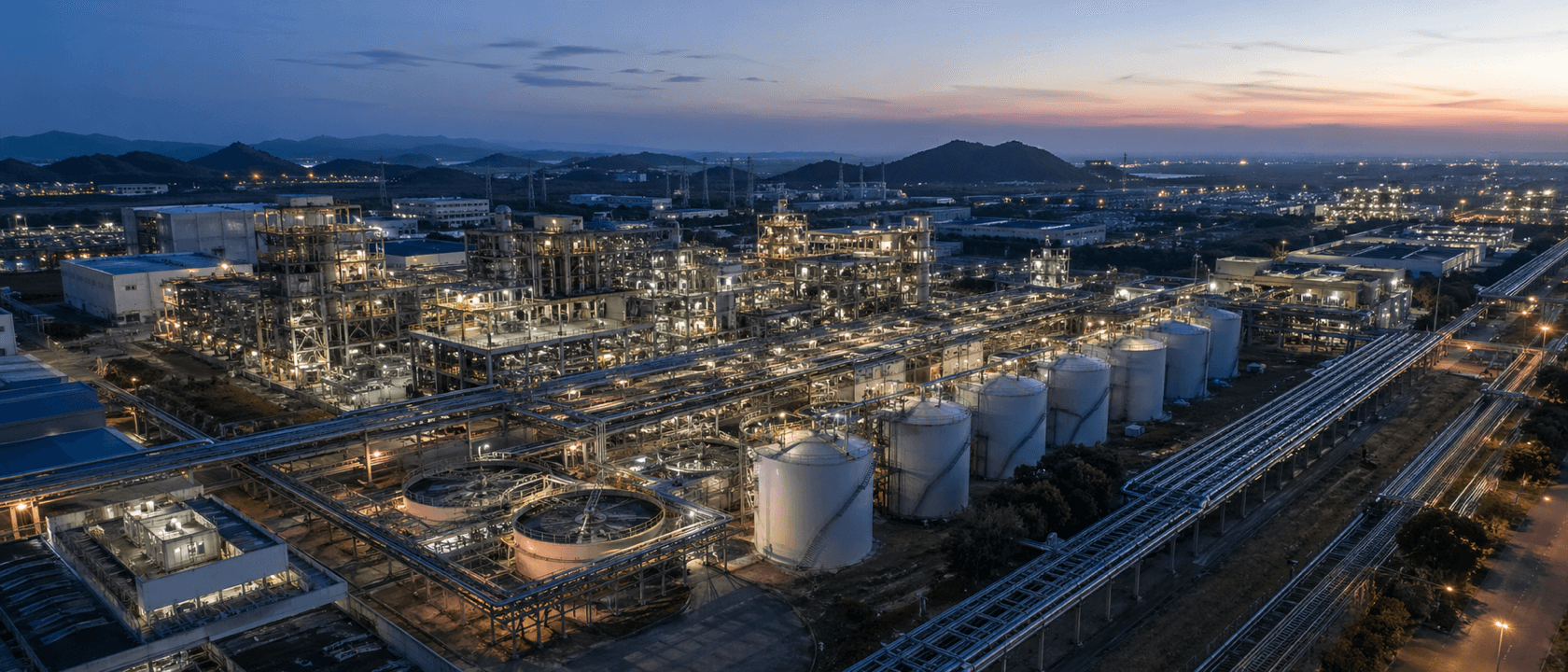Aerial view of a rare earth refinery at dusk with separation tanks and process piping illuminated against an evening sky.