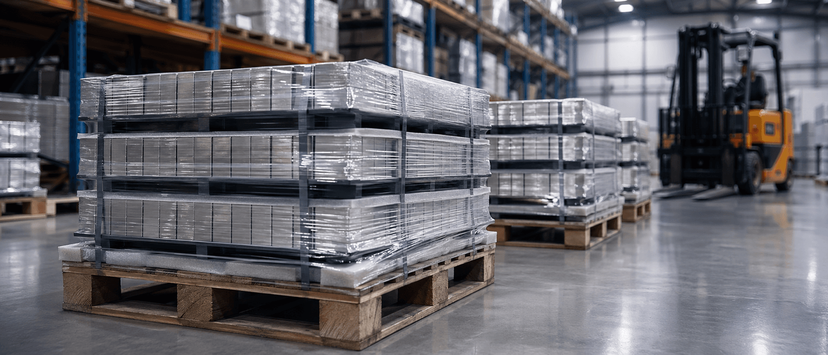 Pallets of finished sintered NdFeB blocks wrapped in protective film inside a clean industrial warehouse with a forklift in the background.