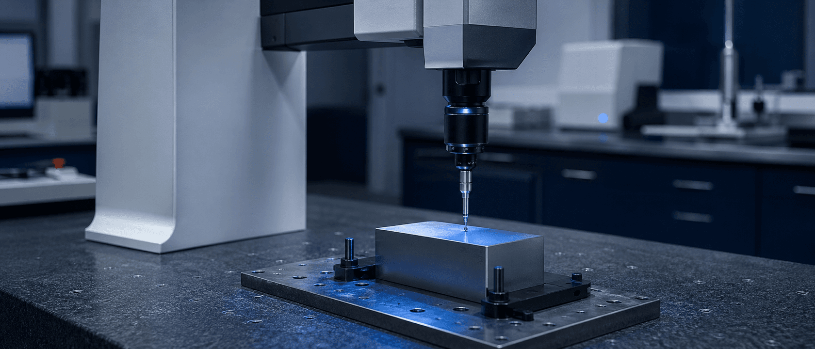 Coordinate measuring machine probing a precision-ground NdFeB block on a granite inspection plate in a metrology lab.