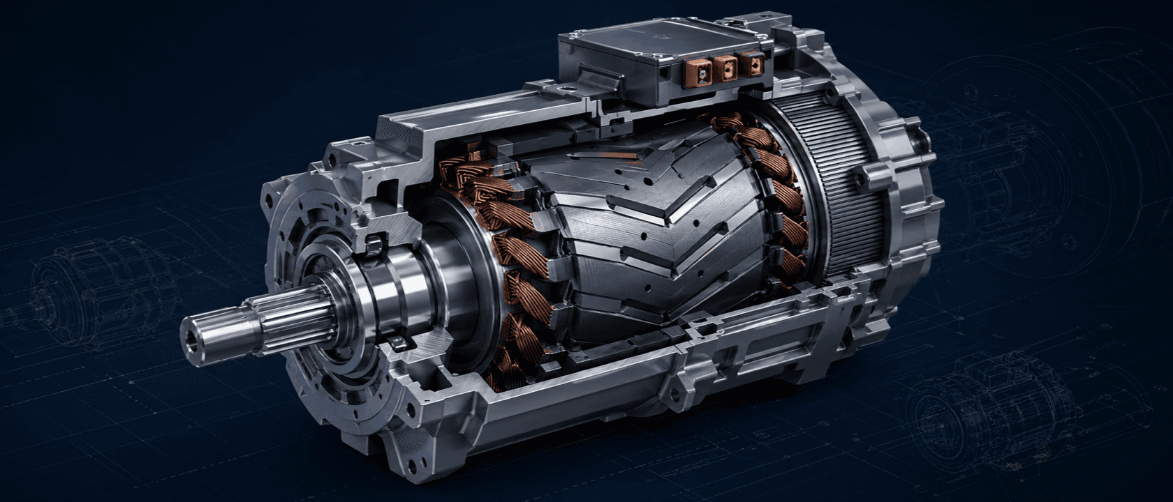 Cutaway view of an EV traction motor showing copper stator windings and a rotor with embedded V-shape NdFeB magnets divided into axial segments.