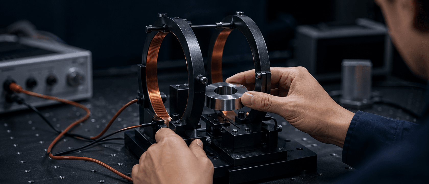 Engineer's hands testing magnetic flux on a finished neodymium ring magnet using a Helmholtz coil setup at a workbench.