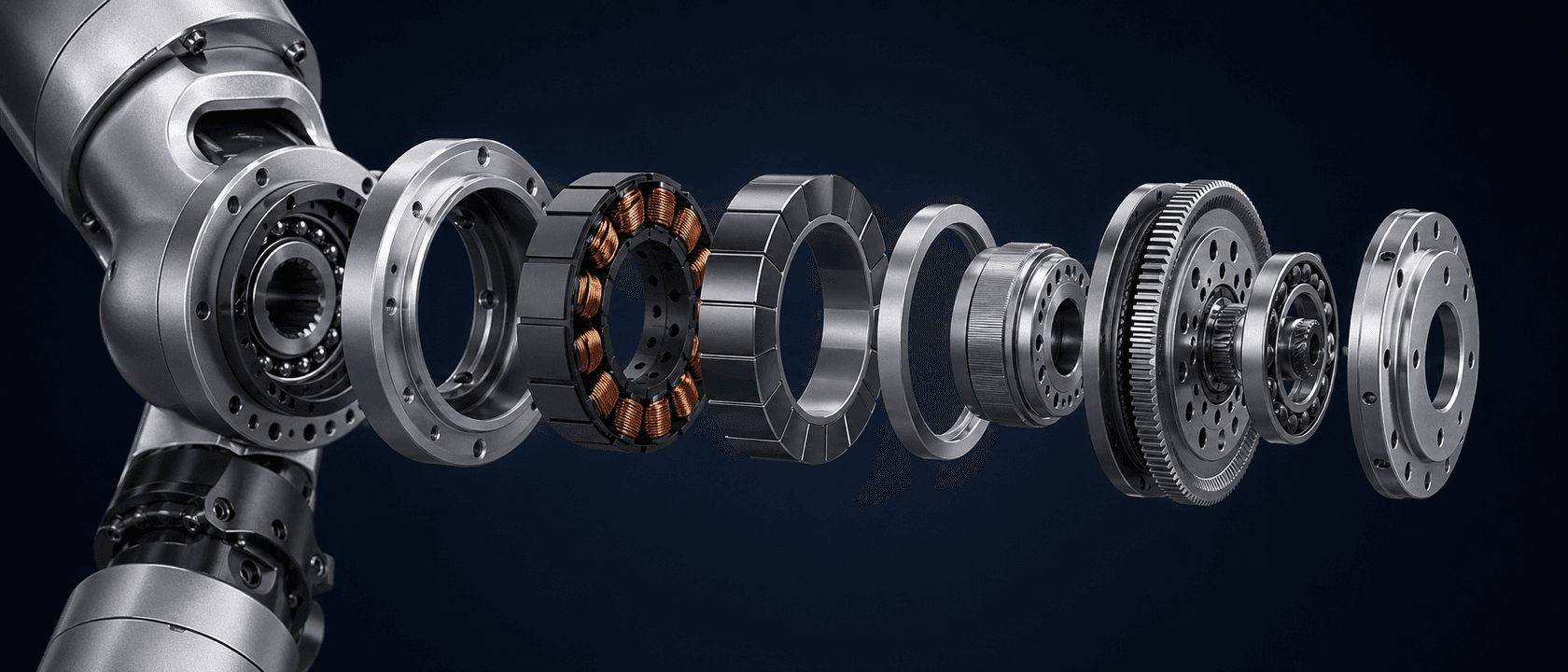 Exploded view of a humanoid robot hip actuator featuring a radially magnetised NdFeB ring magnet, brushless motor, and harmonic drive components.