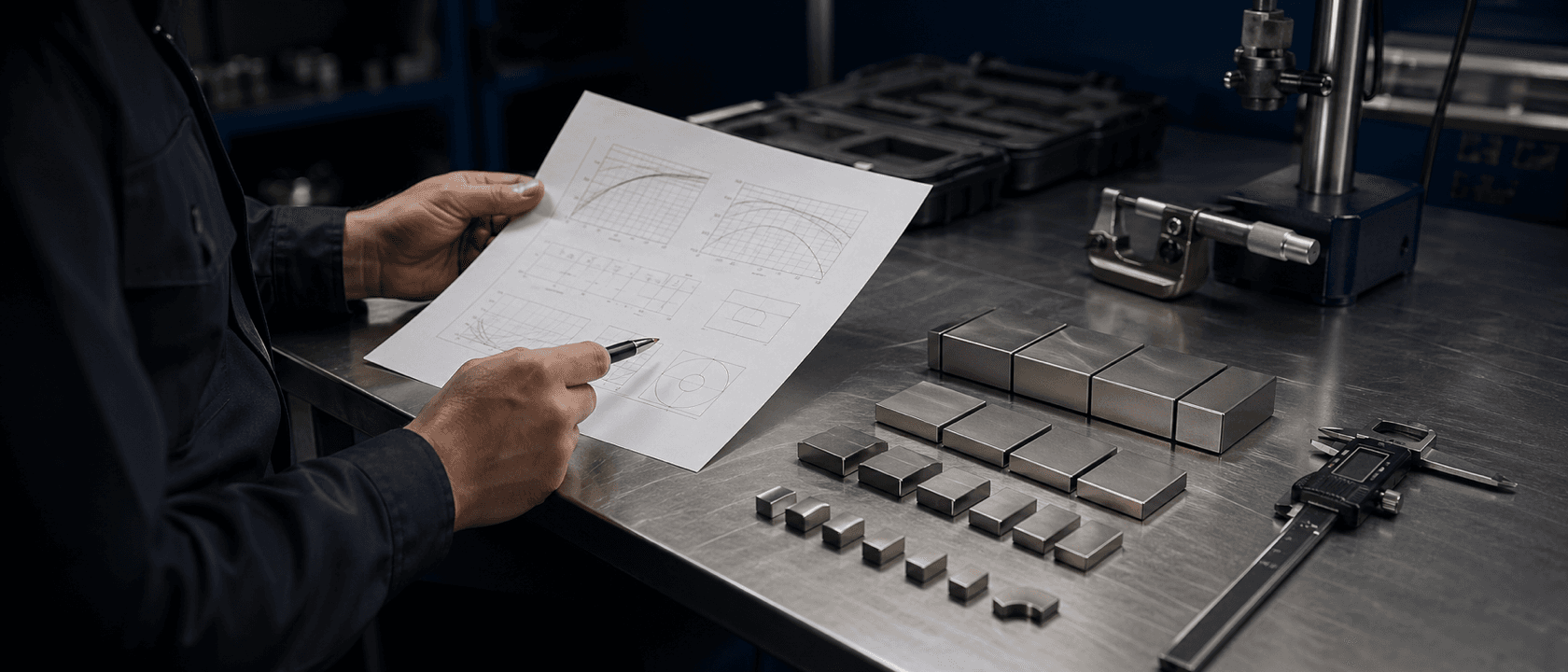 Procurement engineer reviewing an NdFeB magnet datasheet at a workbench beside arranged sintered blocks and a digital caliper.