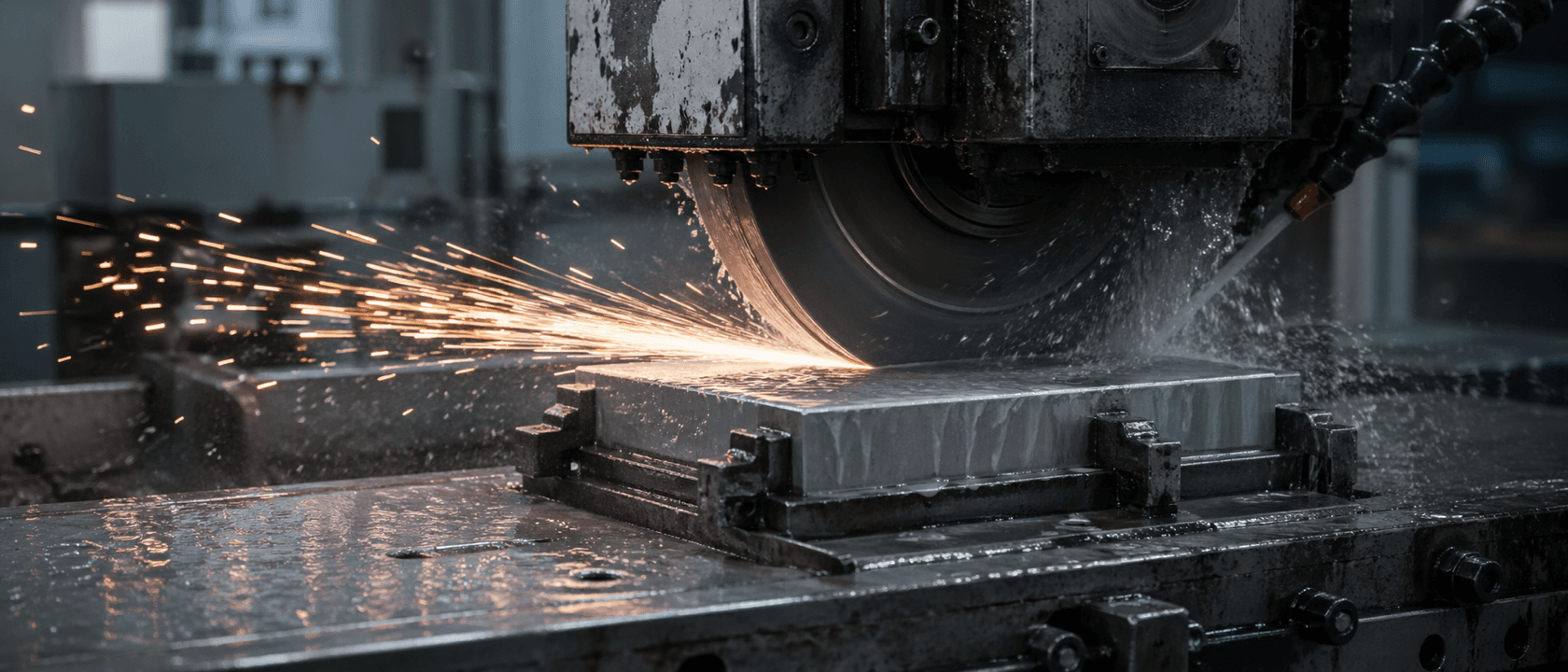 Sintered NdFeB ingot being precision-ground on an industrial surface grinder with sparks and coolant mist.