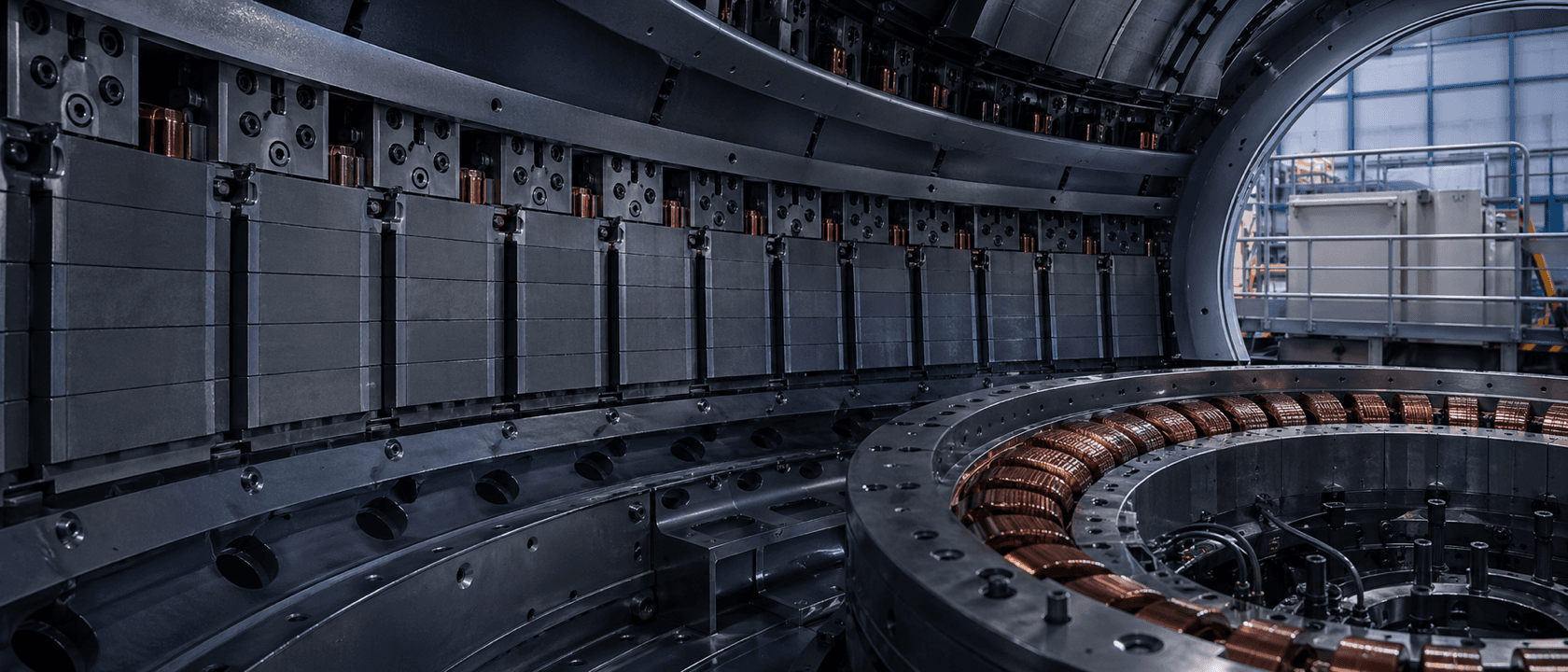 Interior of a wind turbine direct-drive generator showing a ring of segmented arc NdFeB magnets bonded to the rotor steel.